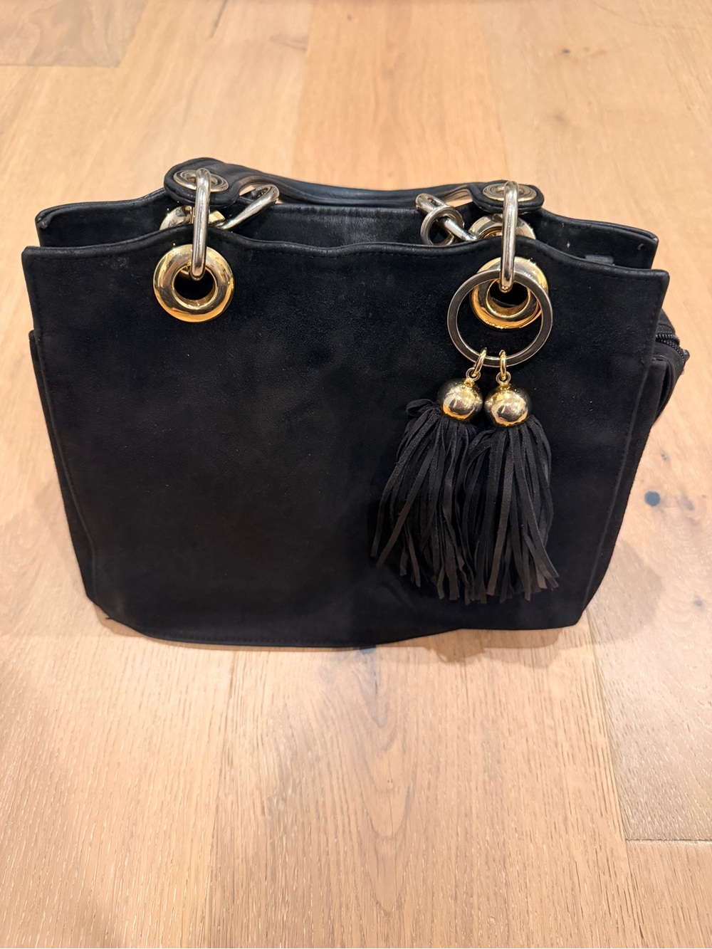Vintage Stuart Weitzman Black Suede Tote Bag with Tassel Charm